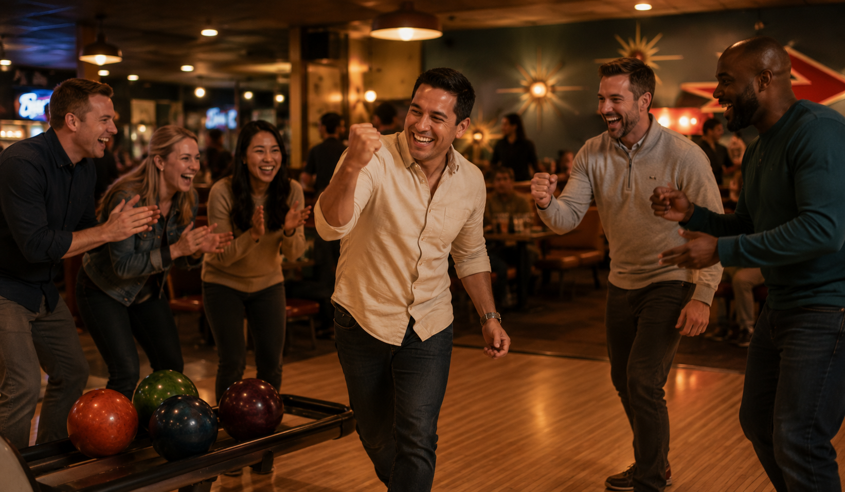 A group of coworkers celebrating a strike during a corporate bowling night