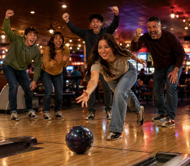 A group cheers as a bowler releases the ball down the lane at Kent Bowl